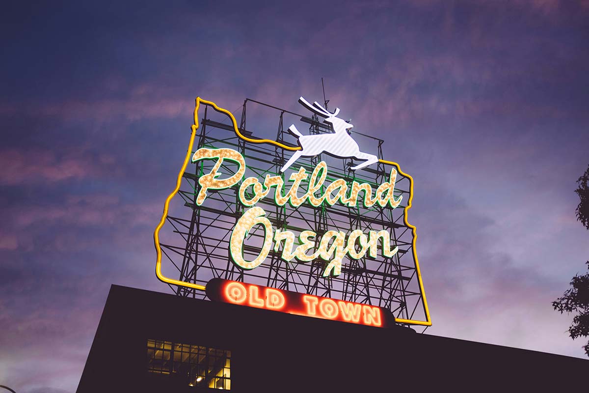 Scenic view of Portland city skyline with sunset